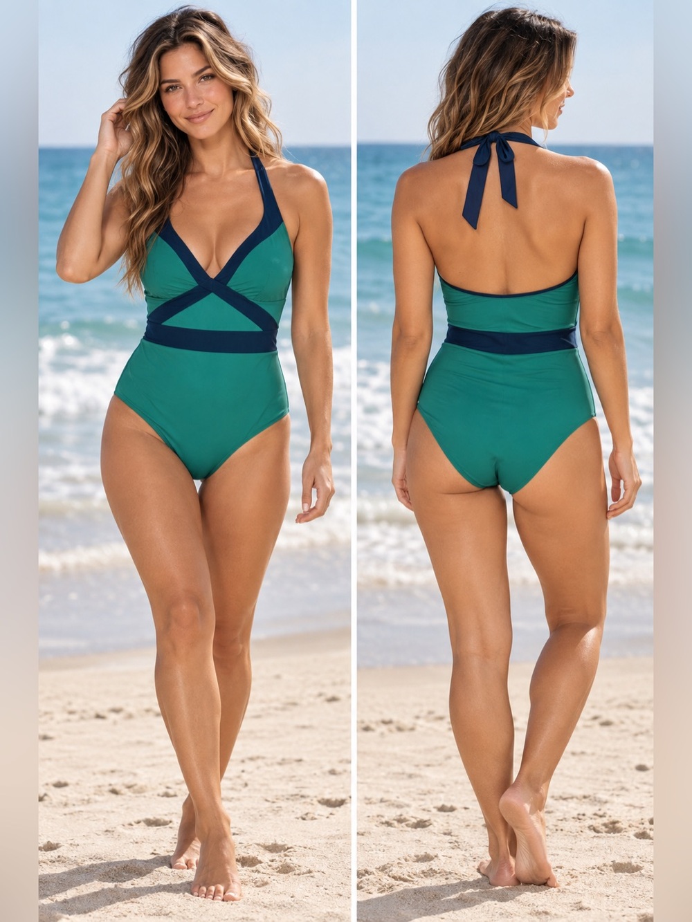 Boden Kefalonia Teal & Navy Halter Preppy Sporty 70’s One-Piece Swimsuit Size 6L